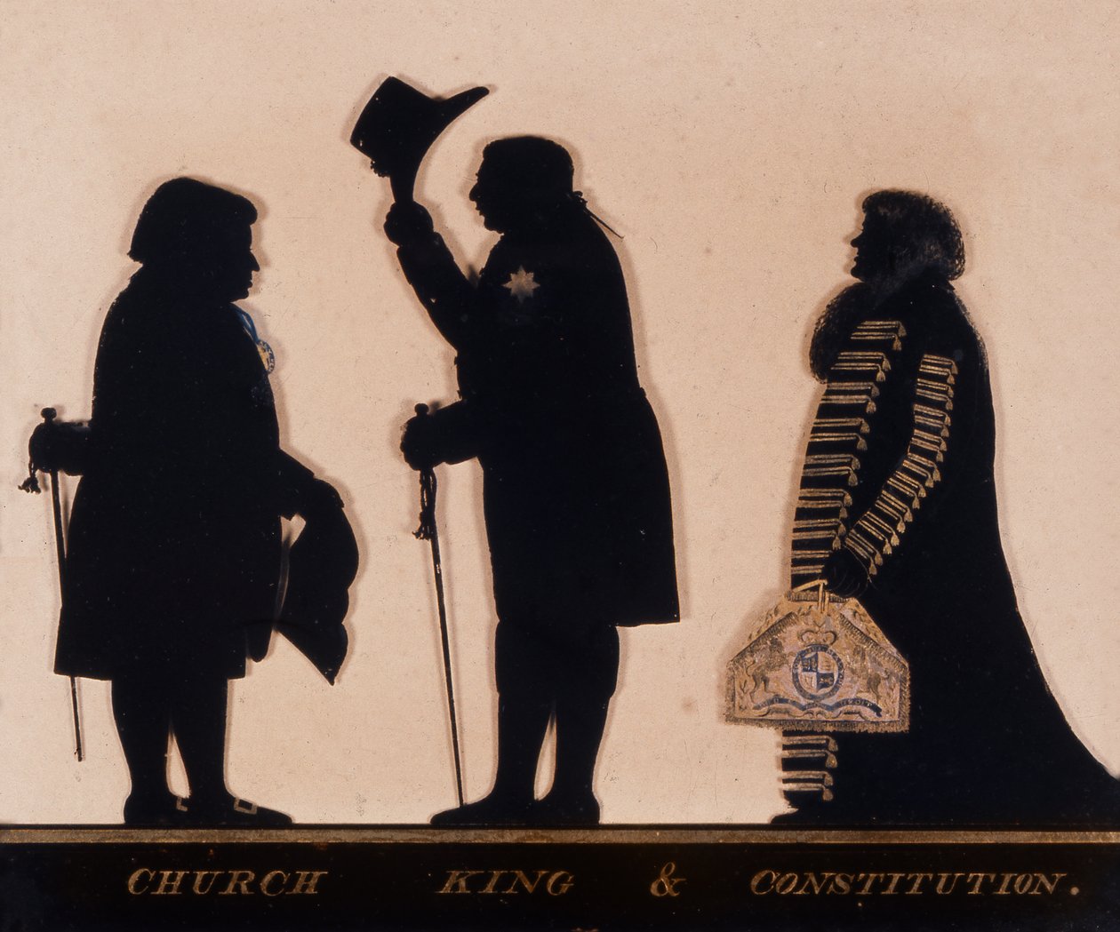 „Egyház, király és alkotmány” című sziluett, 1793 körül (üveg) alkotó: Charles I Rosenberg
