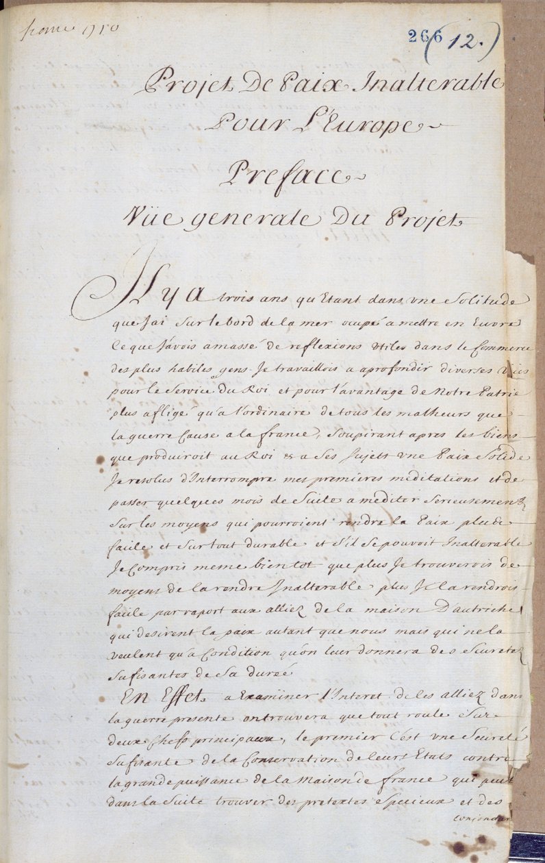 Előszó a Projet de Paix Inalterable pour lEurope-hoz (Projekt a megmásíthatatlan békéért Európában) c.1710-13 (toll és tinta papíron) alkotó: Charles Irenee Castel, Abbe de Saint Pierre