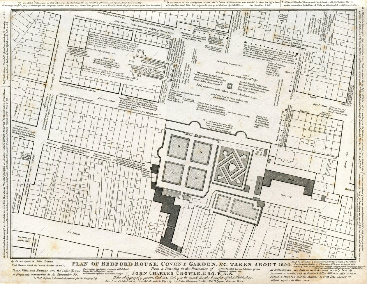 A Covent Gardenben található Bedford House és kert 1690 körül készült terve, későbbi megjegyzésekkel alkotó: Charles John Crowle