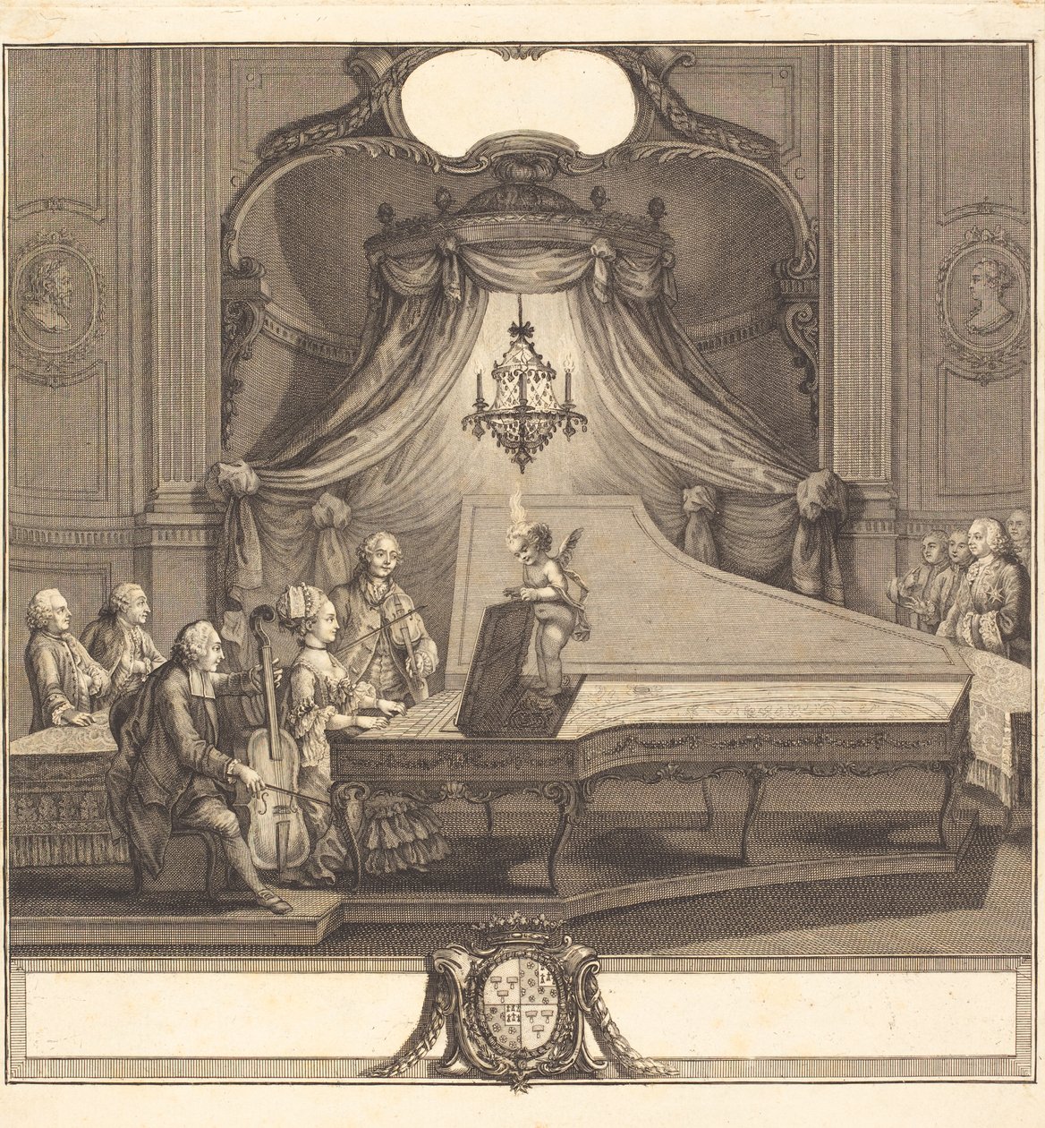 Le concert mecanique, Joseph de Longueil metszete, 1769 (metszet és metszet) alkotó: Charles Joseph Dominique Eisen