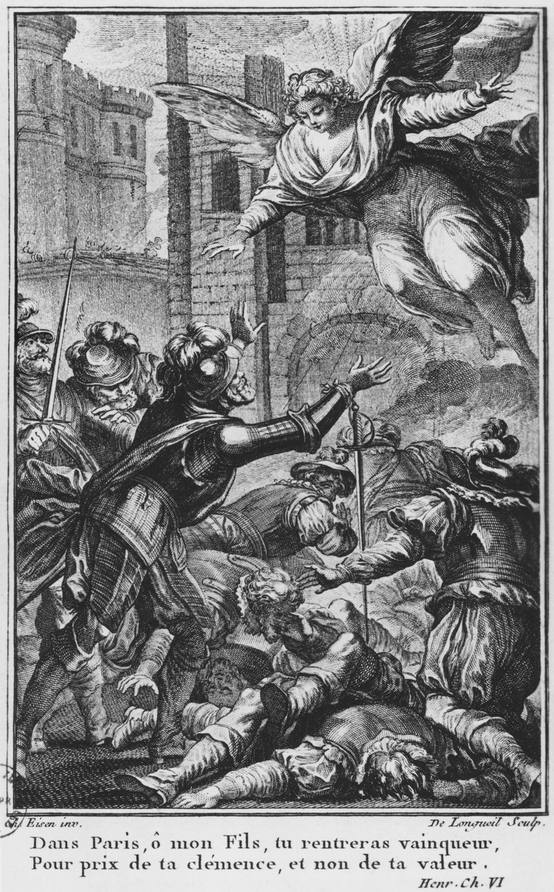 Párizs ostroma, Szent Lajos (1214-70) jelenése IV. Henriknek (1553-1610), Joseph de Longueil (1730-1610) vésett illusztrációja Voltaire (1694-1778) „La Henriade” című művéből alkotó: Charles Joseph Dominique Eisen