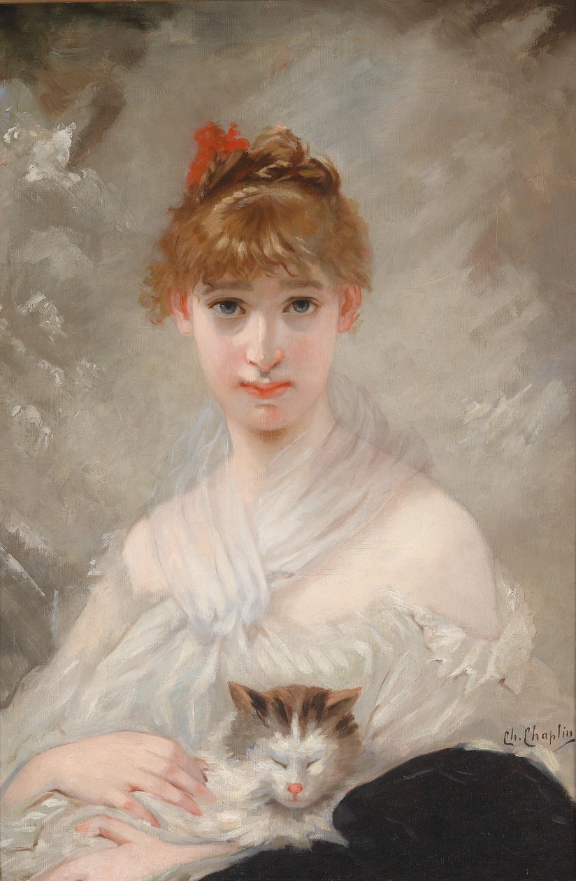 Lány fehér sállal és macskával a karjában alkotó: Charles Joshua Chaplin