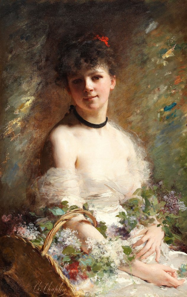 Fiatal nő virágkosárral alkotó: Charles Joshua Chaplin