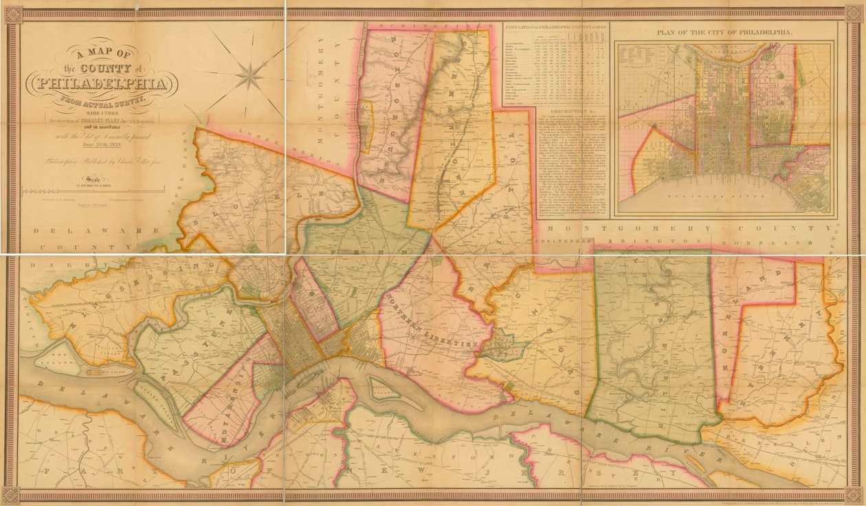 Philadelphia megye térképe az aktuális felmérésből, 1843 (kézzel színezett metszet) alkotó: Charles Jr. Ellet