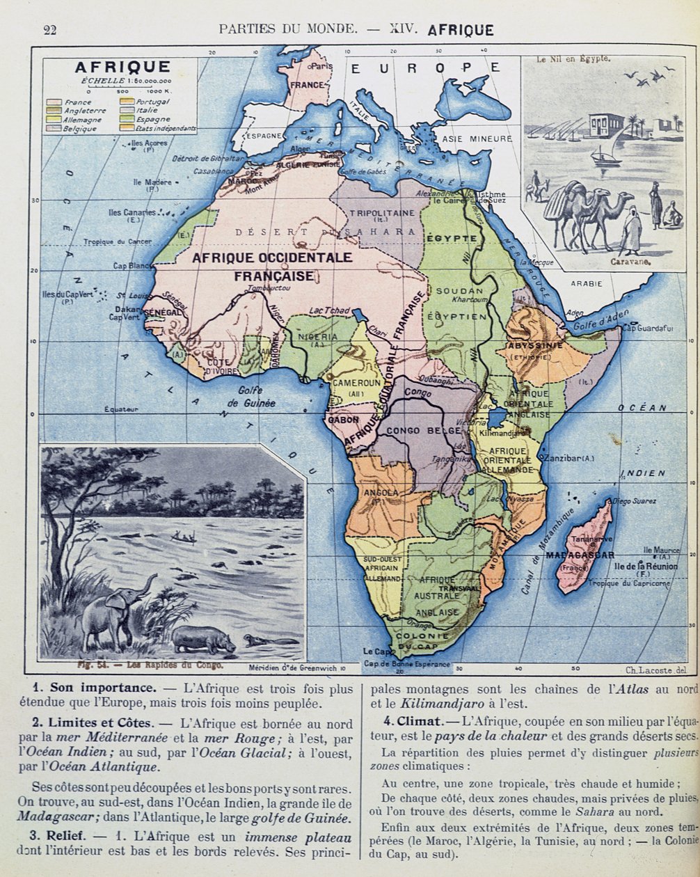 A gyarmati Afrika térképe, egy tankönyvből, 1911-ben alkotó: Charles Lacoste