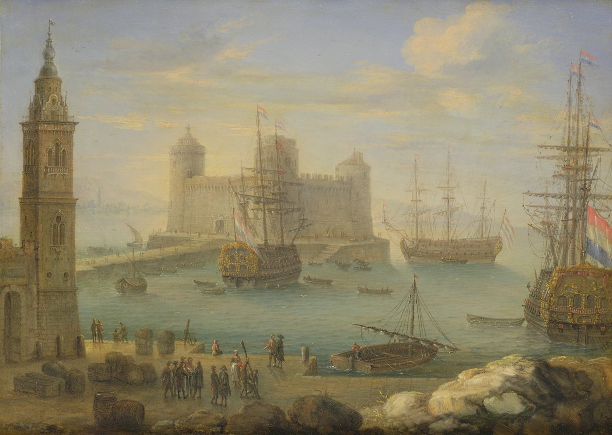 Földközi-tengeri kikötő férfiakkal a háborúban (olaj a rézre) alkotó: Charles Laurent Grevenbroeck
