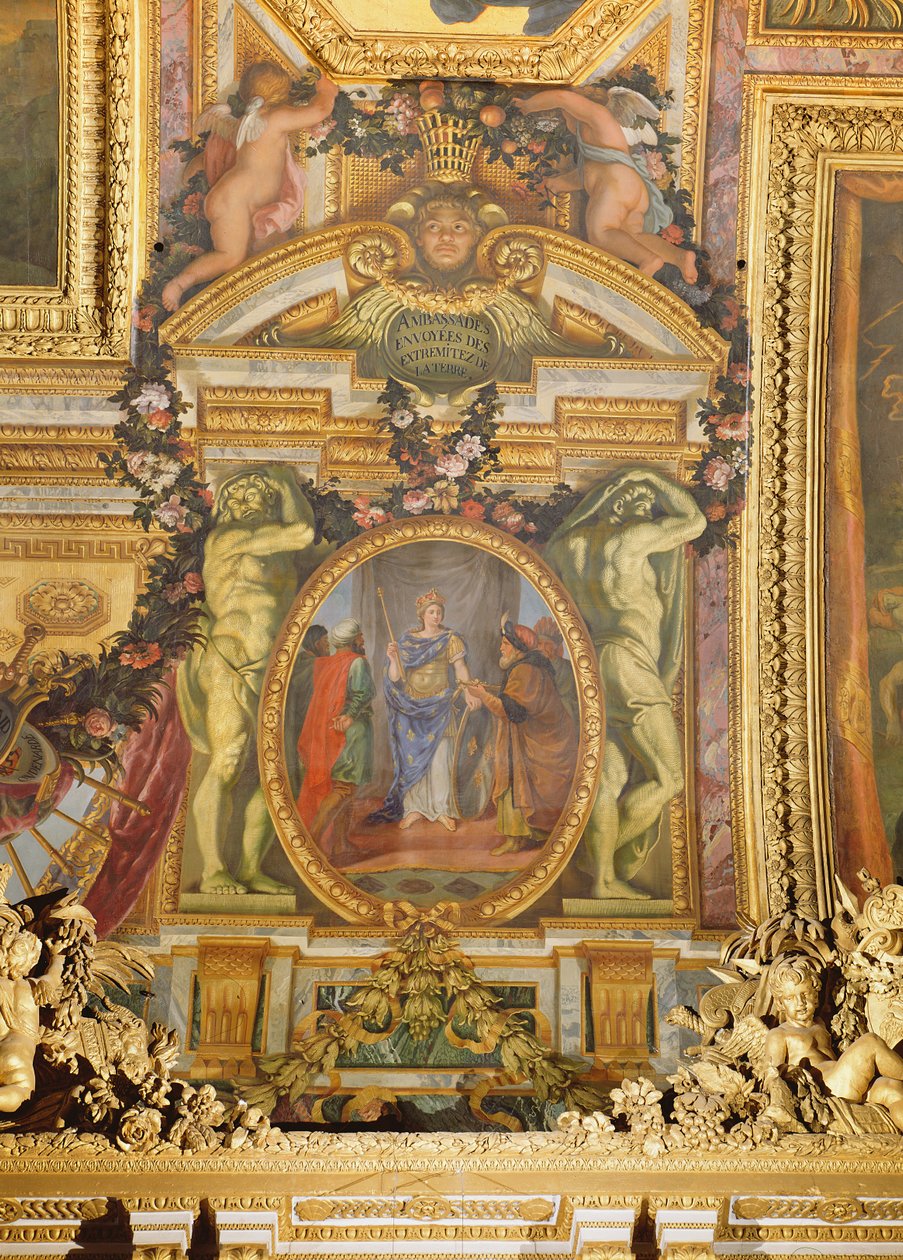 A Föld minden sarkáról érkező nagykövetek, mennyezetfestés a Galerie des Glaces-ből alkotó: Charles Le Brun