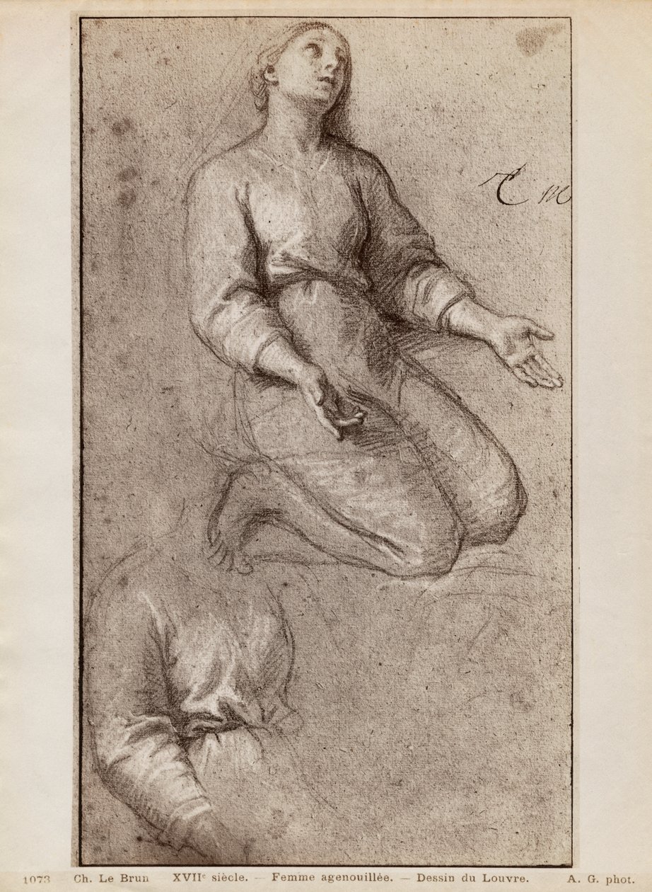 Térdelő nő, 1685 körül (pierre noire és fehér kréta kiemelések bézs színű papíron) alkotó: Charles Le Brun