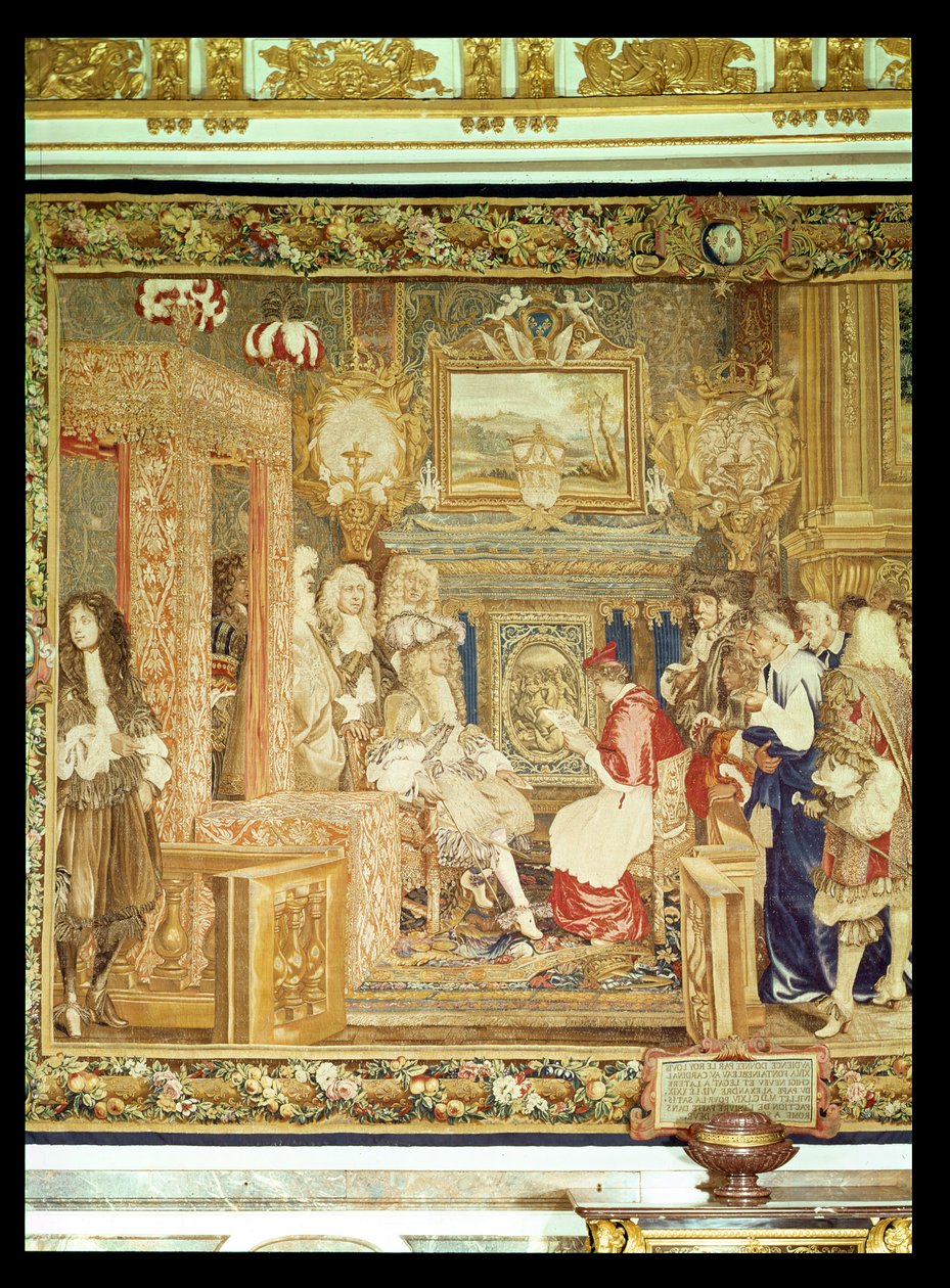 XIV. Lajos (1638-1715) a pápai legátus fogadása Fontainebleau-ban, részlet egy Gobelins-szőnyegről, 1664. július 29. (szőnyeg) (lásd: 22905) alkotó: Charles Le Brun