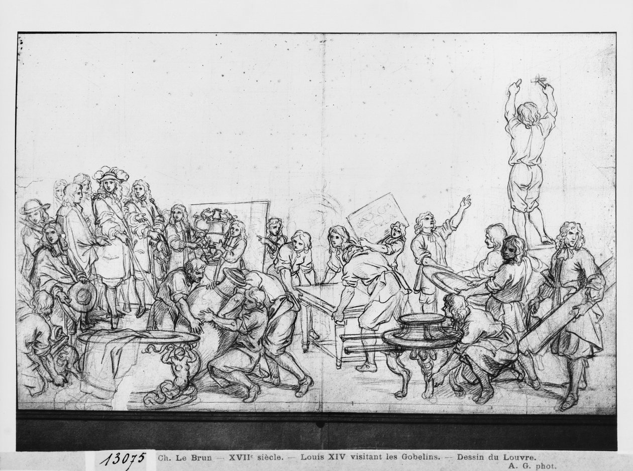 XIV. Lajos látogatása a Gobelins gyárban (papíron Pierre noire) alkotó: Charles Le Brun