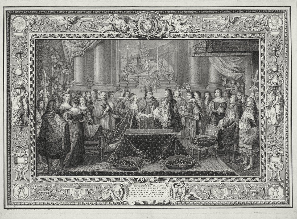 XIV. Lajos (1638-1715) francia és navarrai király és IV. Fülöp spanyol király lánya, Mária Terézia osztrák infánsnő (1638-83) házassági ceremóniája 1660-ban, B. Jeaurat metszete, 1731 (l) alkotó: Charles Le Brun
