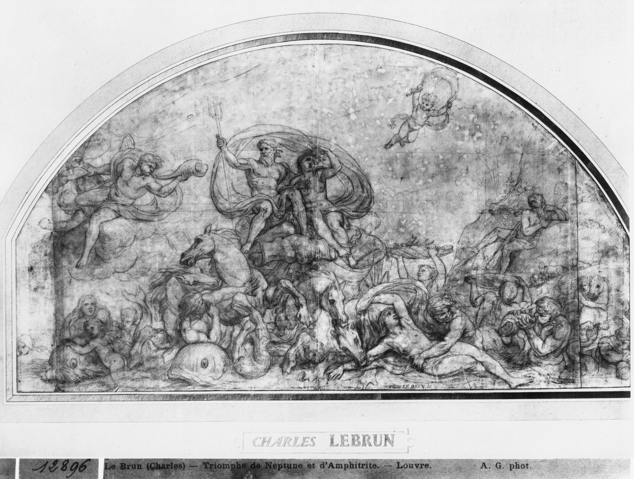 Neptunusz és amfitrit vagy Vizek újraébredése, 1663 körül (toll, barna tinta, pierre noire, vörös kréta és szürke mosás bézs színű papíron) alkotó: Charles Le Brun