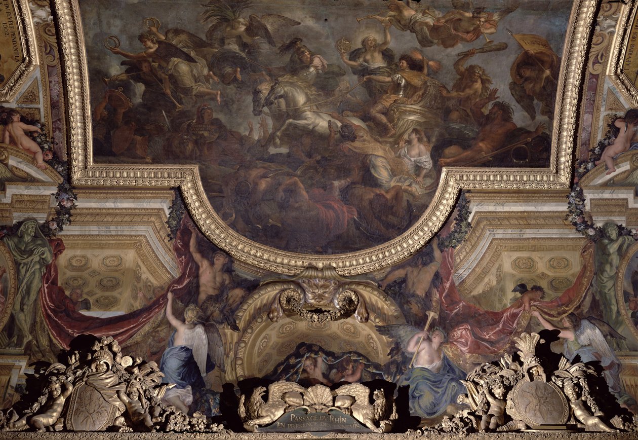 Rajnai átjáró az ellenségek jelenlétében 1672, mennyezeti festmény a Galerie des Glacesből alkotó: Charles Le Brun