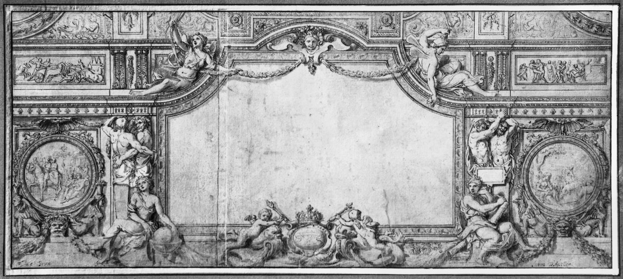 Díszített mennyezet projektje, 1663 körül (toll, fekete tinta és szürke mosás barna papíron) alkotó: Charles Le Brun