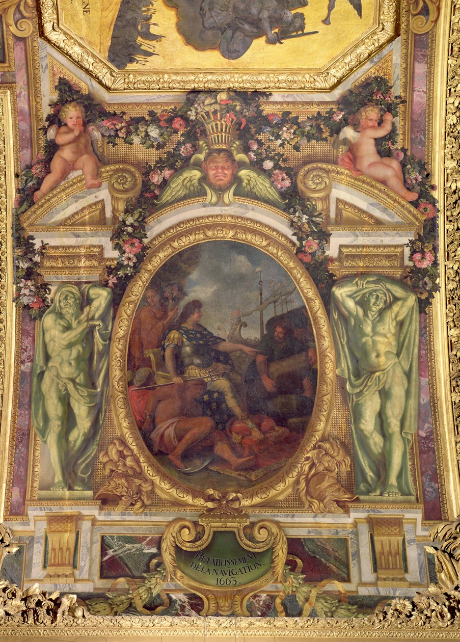 A hajózási jogok visszaállítása 1663-ban, a Galerie des Glaces mennyezeti festménye alkotó: Charles Le Brun