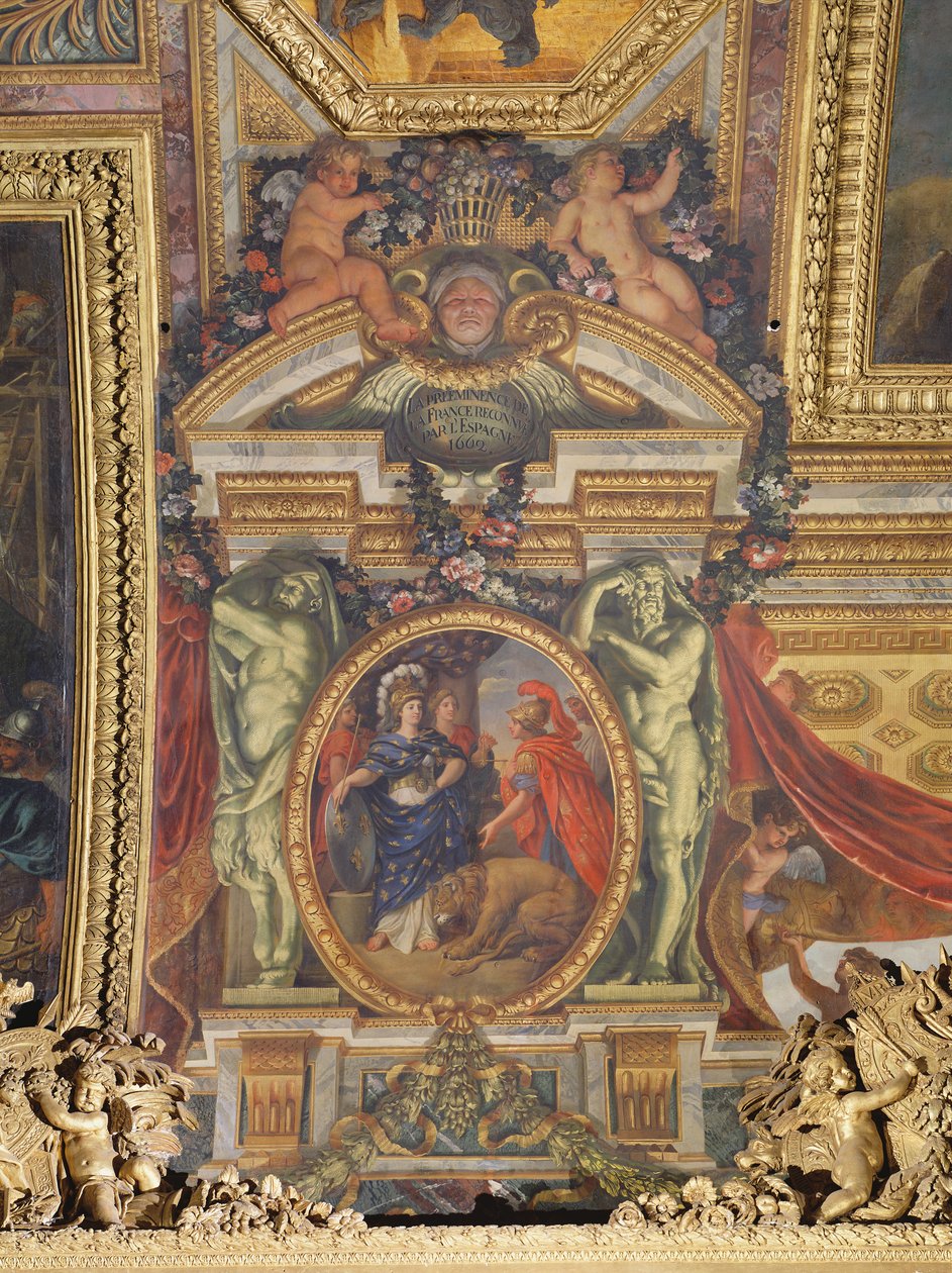 Spanyolország elismeri Franciaország elsőségét 1662-ben, mennyezeti festmény a Galerie des Glacesből alkotó: Charles Le Brun