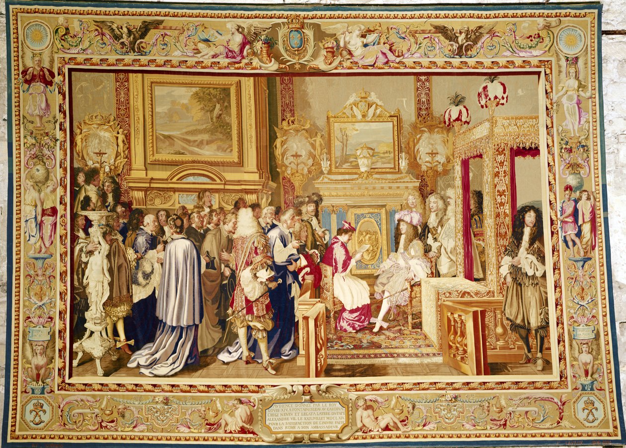 Chigi bíboros közönsége XIV. Lajossal (1638-1715) Fontainebleau-ban, 1664. július 29., Gobelins gyár (szőttes) alkotó: Charles Le Brun