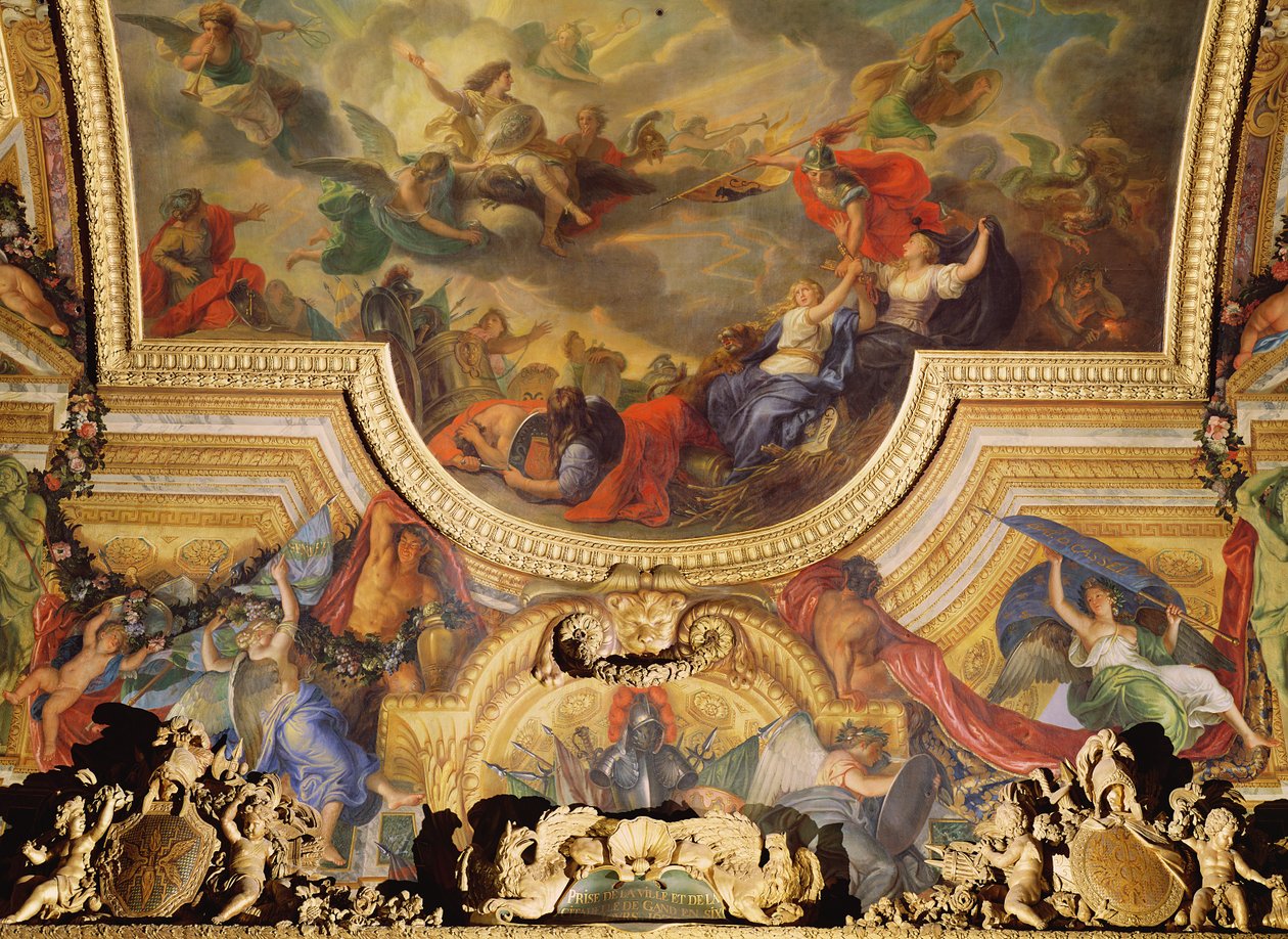 Gent városának és fellegvárának elfoglalása hat nap alatt 1678-ban, mennyezeti festmény a Galerie des Glaces-ből alkotó: Charles Le Brun