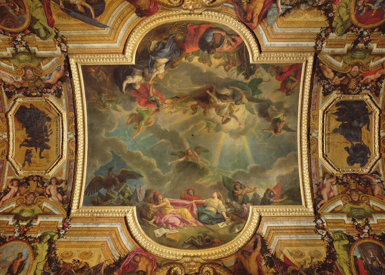 Gent városának és citadellájának elfoglalása hat nap alatt 1678-ban és a spanyolok stratégiája Gent elfoglalásával romba dőlt, mennyezetfestmény a Galerie des Glaces-ból (lásd 165391 és 165392). alkotó: Charles Le Brun