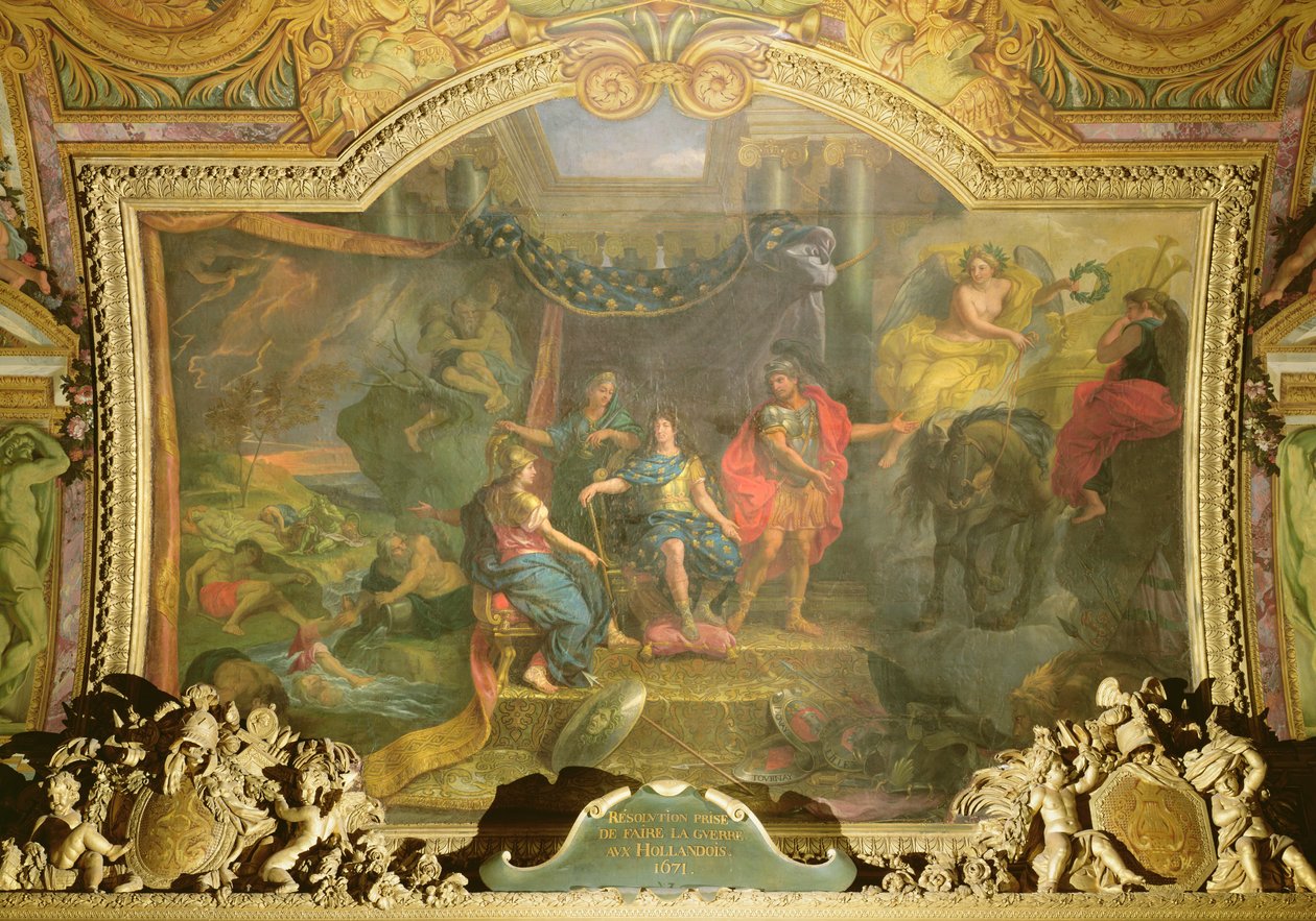 Döntés, hogy háborút indítanak a hollandok ellen 1671-ben, mennyezeti festmény a Galerie des Glaces-ből alkotó: Charles Le Brun