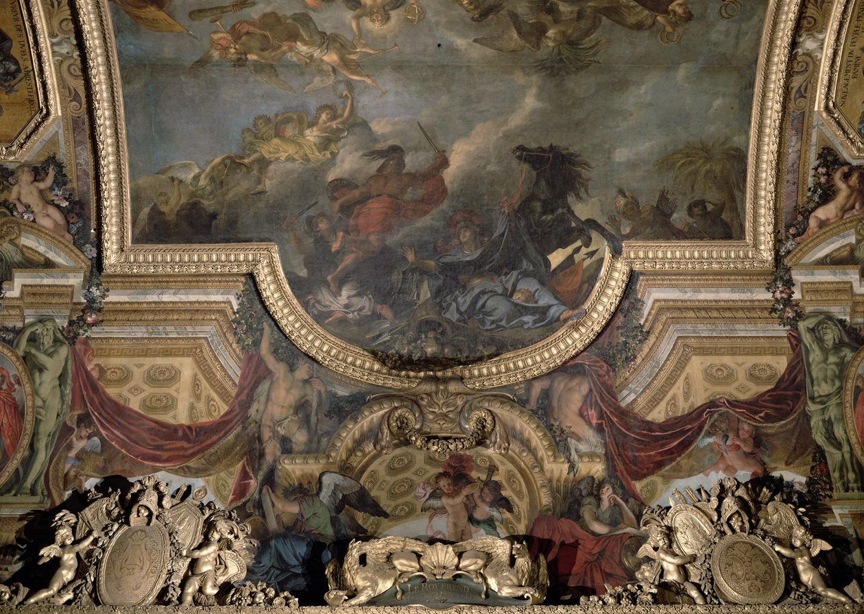 A király 1673-ban tizenhárom nap alatt elfoglalja Maestrichtot, mennyezeti festmény a Galerie des Glaces-ból alkotó: Charles Le Brun