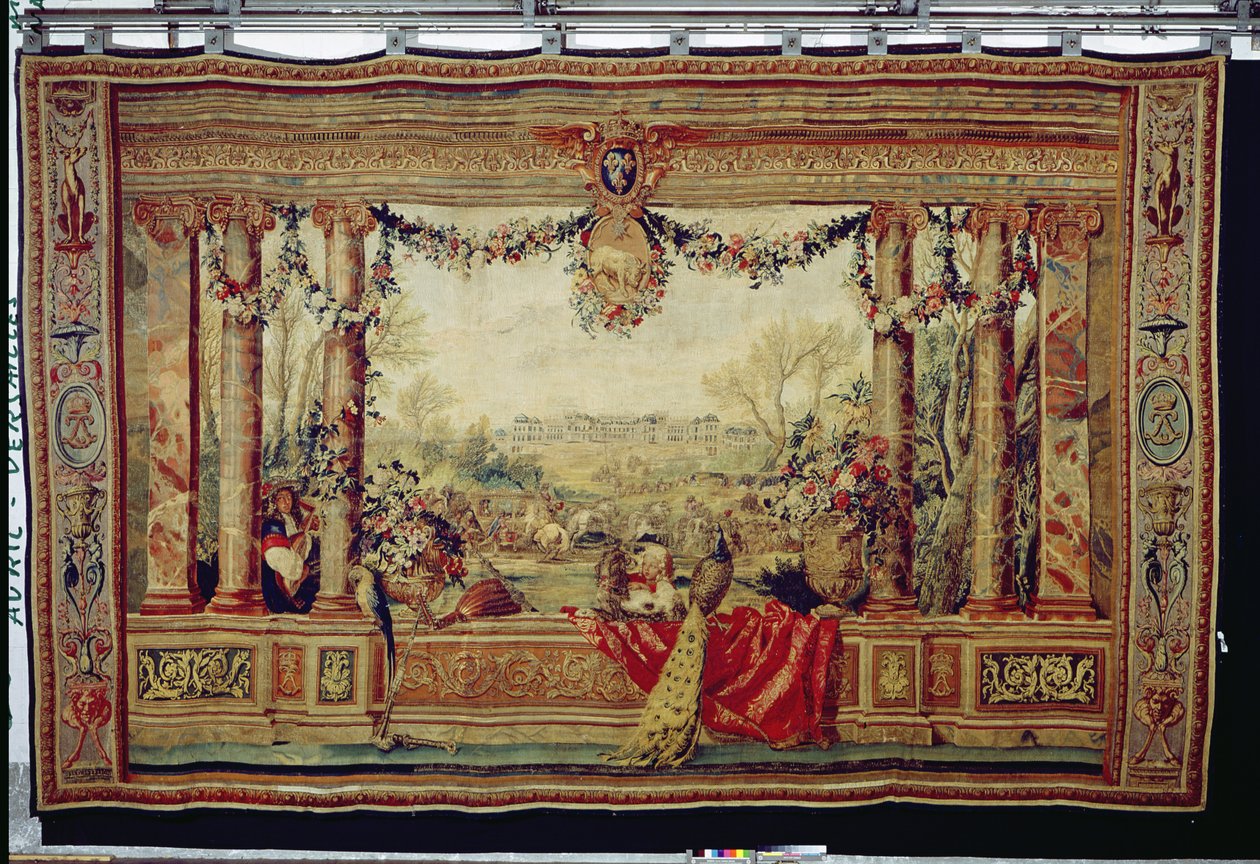Április hónap Versailles-i kastély, a Gobelins műhelyben XIV. Lajos számára készült "A hónapok vagy királyi rezidenciák" című faliszőnyeg-sorozatból (faliszőnyeg). alkotó: Charles Le Brun