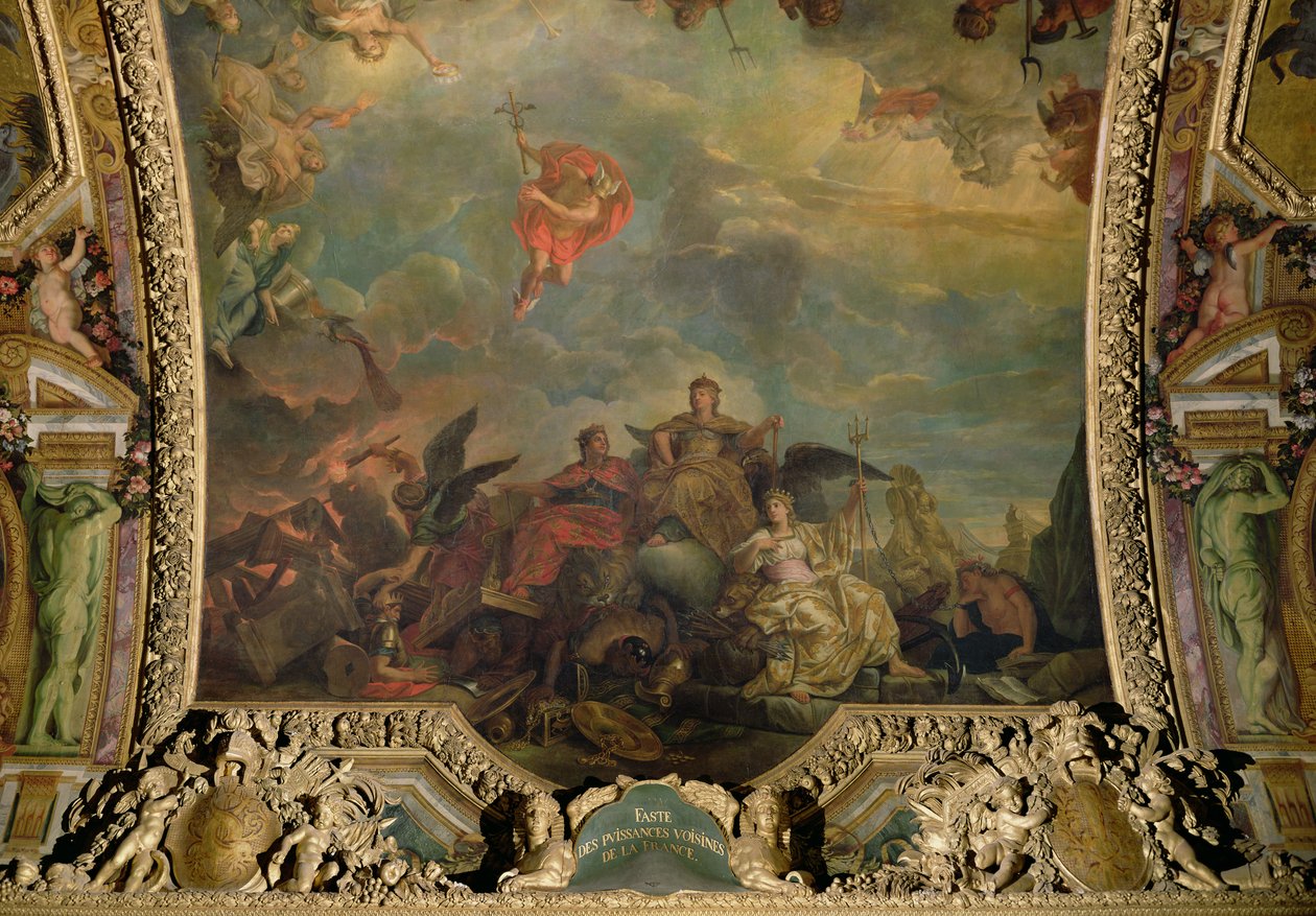 Franciaország virágzó szomszédos hatalmai, mennyezeti festmény a Galerie des Glaces-ból alkotó: Charles Le Brun