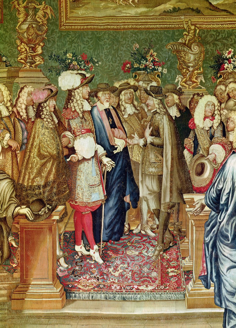 A Király története című filmet XIV. Lajos hallgatja meg Fuentes grófjának, IV. Fülöp spanyol király Louvre-i nagykövetének, 1662. március 24. XIV. Lajos és a nagykövet részlete, szőtt egy alkotó: Charles Le Brun