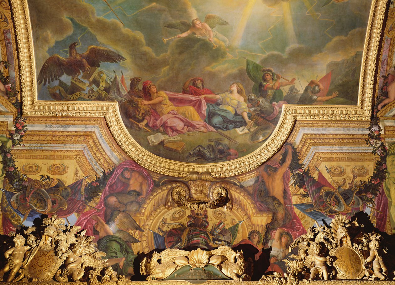 A Gent elfoglalása által tönkretett spanyolok stratégiája, mennyezetfestmény a Galerie des Glaces-ből alkotó: Charles Le Brun