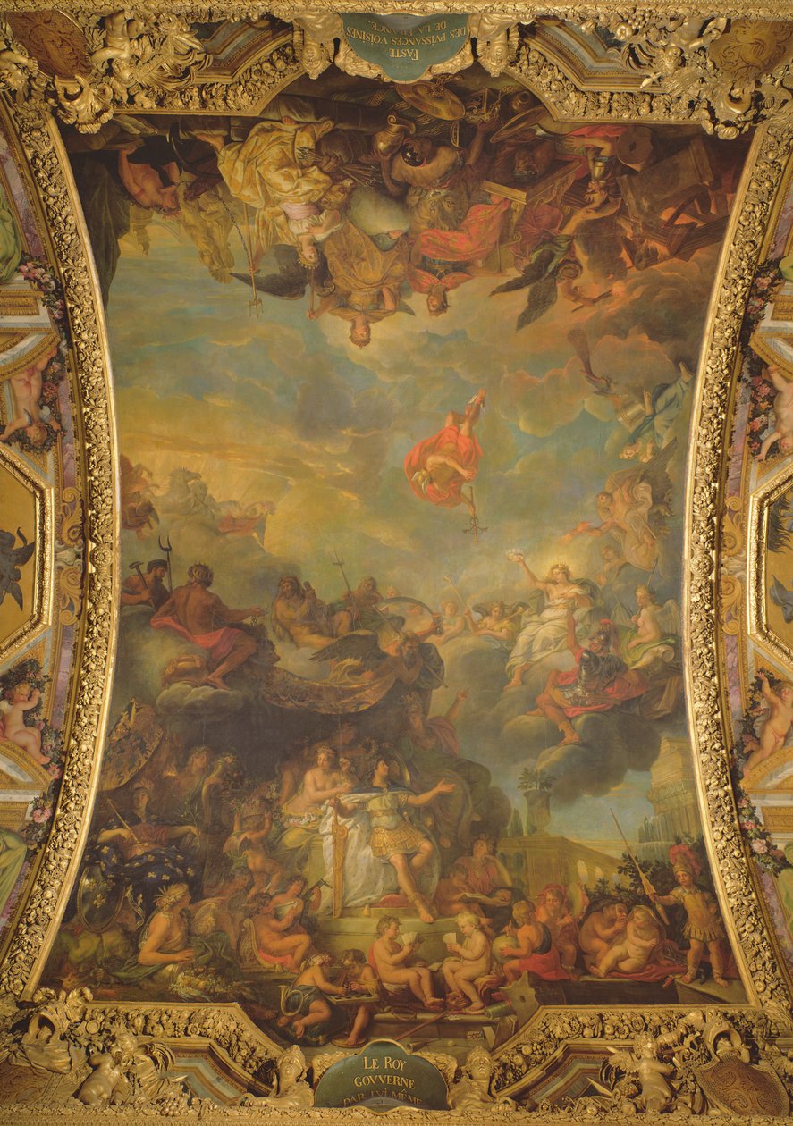 XIV. Lajos király (1638-1715) 1661-ben egyedül kormányzó képe és Franciaország virágzó szomszédos hatalmai, mennyezeti festmény a Galerie des Glaces-ből alkotó: Charles Le Brun