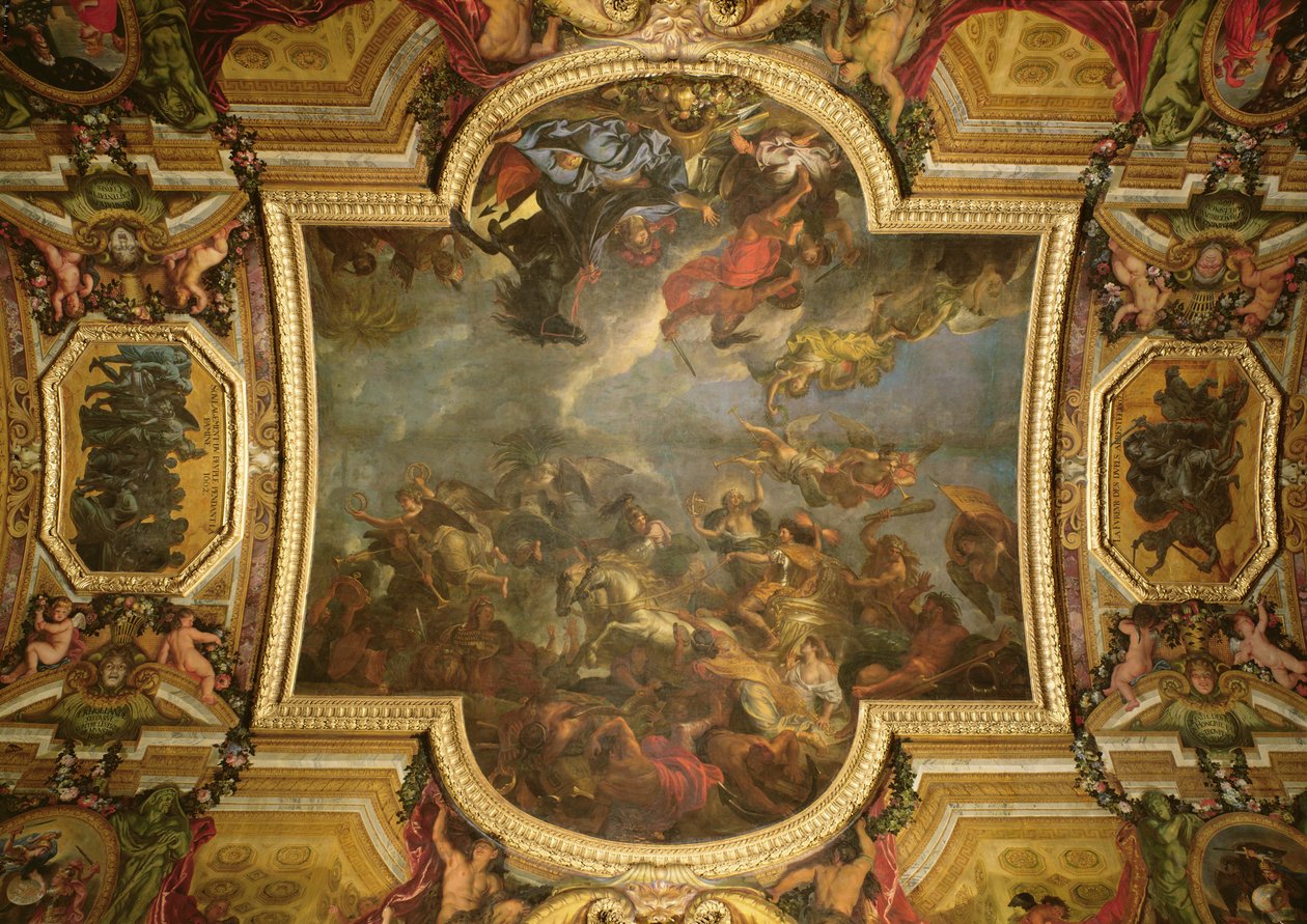 Az 1673-as Maastricht tizenhárom nap alatt elfoglaló király és a Rajnai átjáró az ellenségek jelenlétében 1672-ben, mennyezeti festmény a Galerie des Glaces 1678-86-ból (lásd még: 379737) alkotó: Charles Le Brun