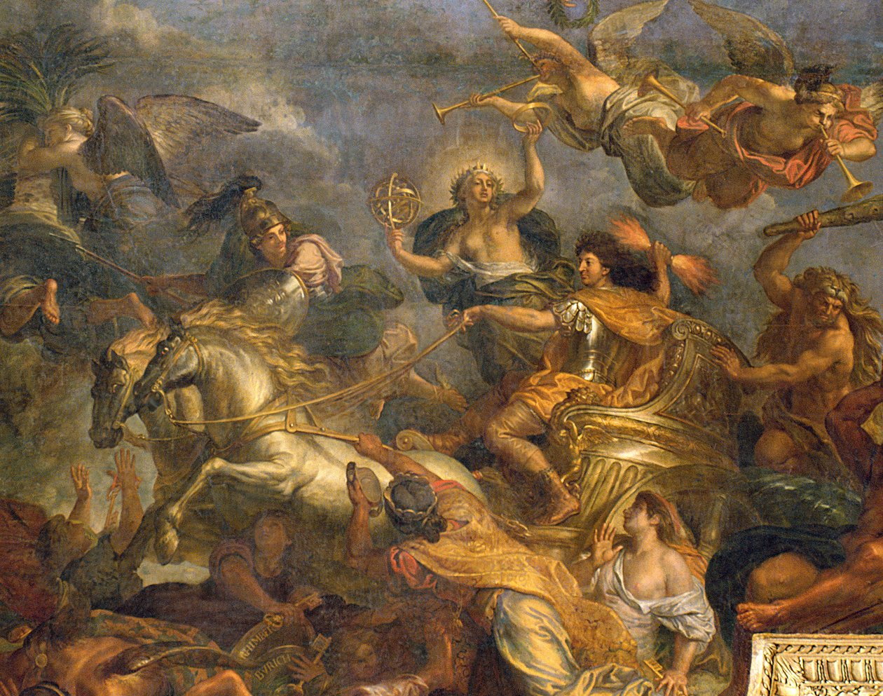 A király 1673-ban tizenhárom nap alatt elfoglalja Maastrichtot és a Rajnai átjárót az ellenségek jelenlétében 1672-ben, mennyezeti festmény a Galerie des Glacesből, 1678-86 részlet a 208101-ből alkotó: Charles Le Brun
