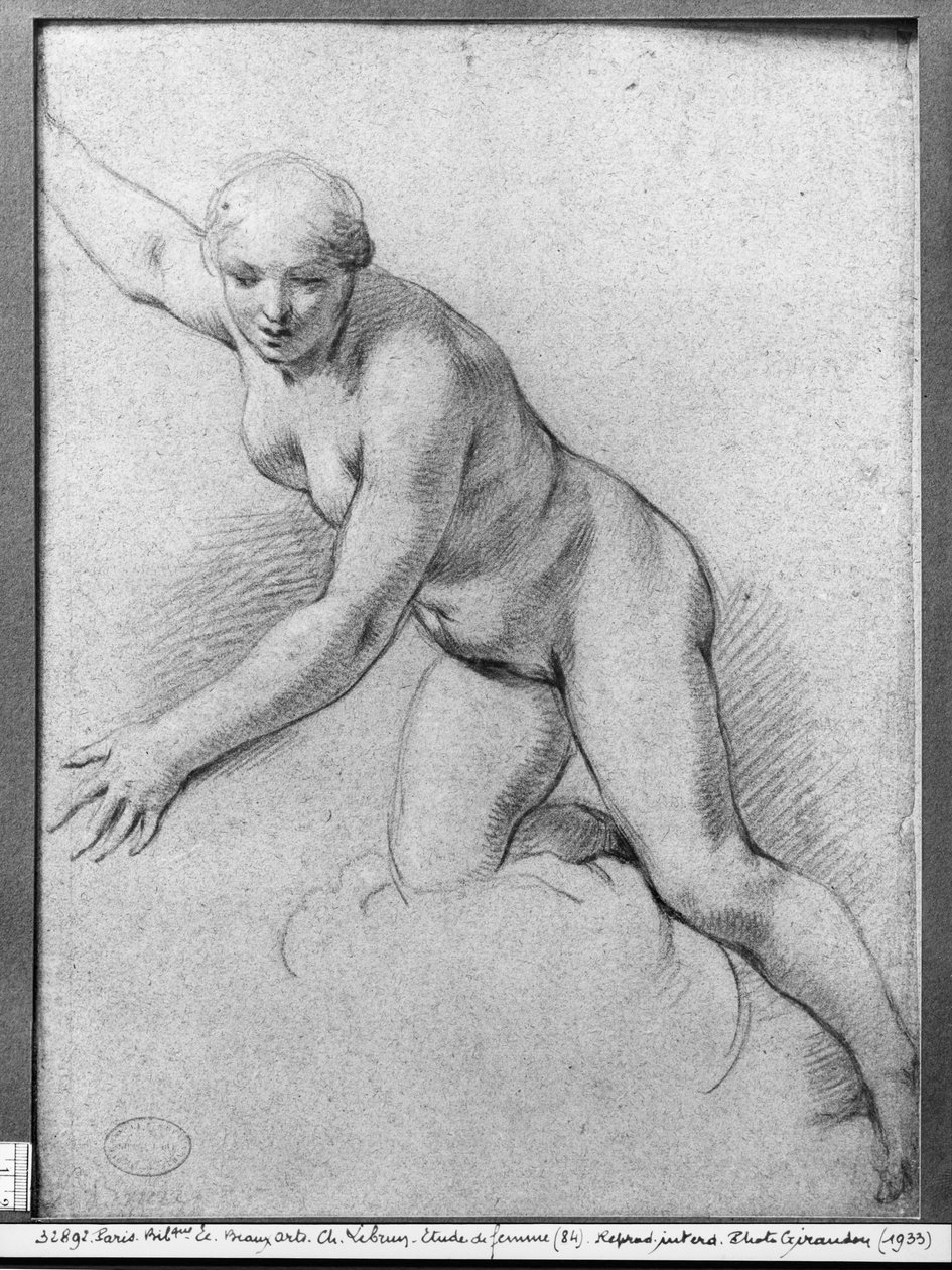 Felhőn térdelő nő (pierre noire szürke papíron) alkotó: Charles Le Brun