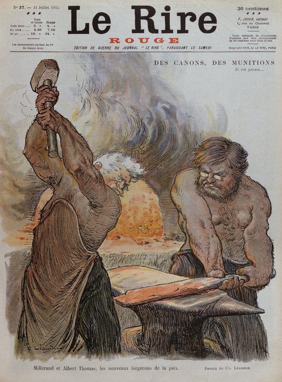 Alexandre Millerand és Albert Thomas mint kovácsok, akik békét kovácsolnak, az első borító illusztrációja a „Le Rire Rouge”-ból, 1915. július 31. alkotó: Charles Leandre