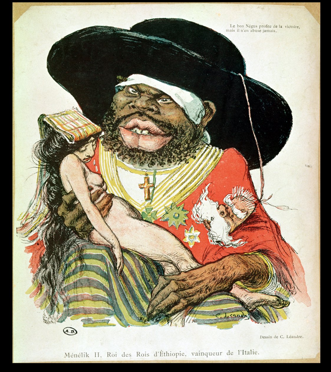 Az etióp négus karikatúrája, II. Menelik (1844-1913), a „le Rire” magazinból, a XIX. század vége alkotó: Charles Leandre