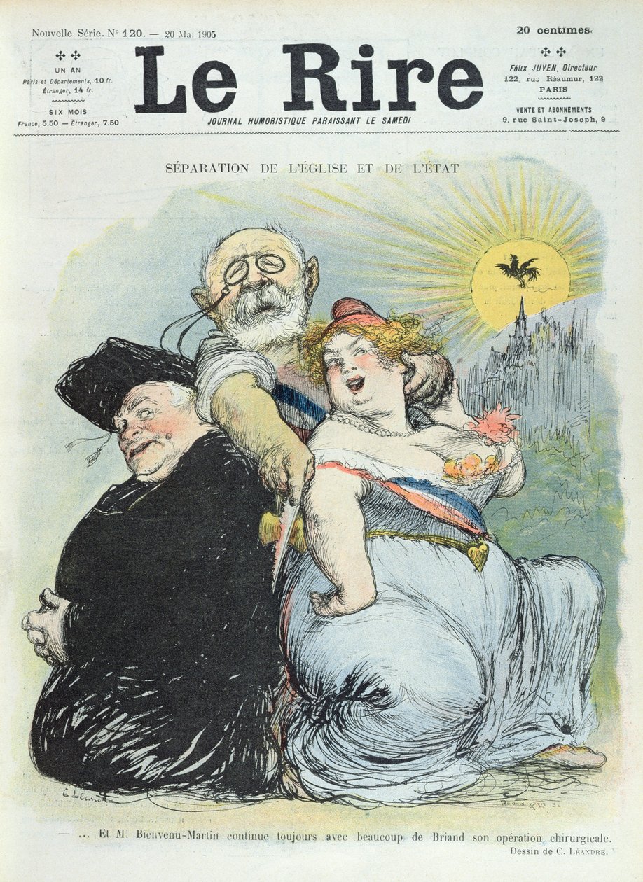 Jean-Baptiste Bienvenu-Martin (1847-1943) elválasztja az államot az egyháztól, karikatúra a "Le Rire" magazinból, 1905. május 20. alkotó: Charles Leandre