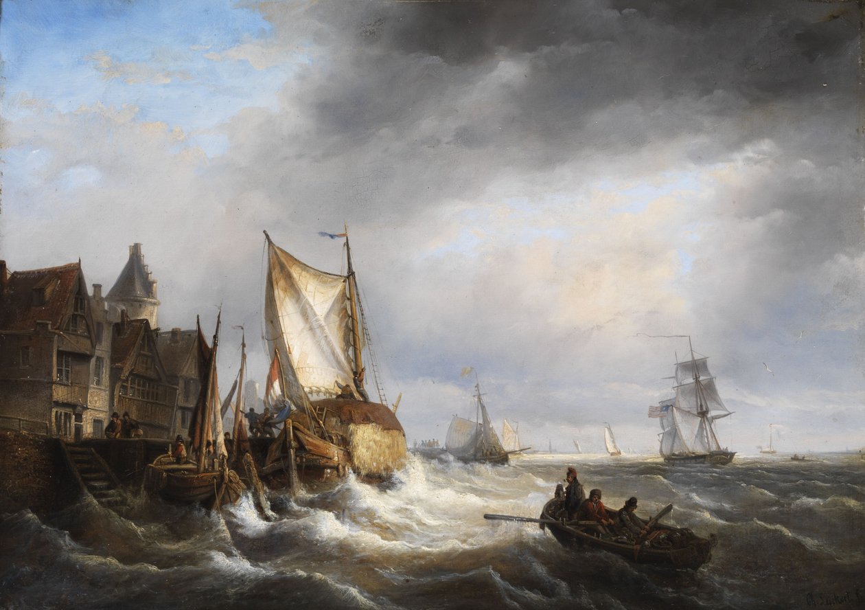A kikötő bejárata, ha viharos a tenger. alkotó: Charles Henri Joseph Leickert
