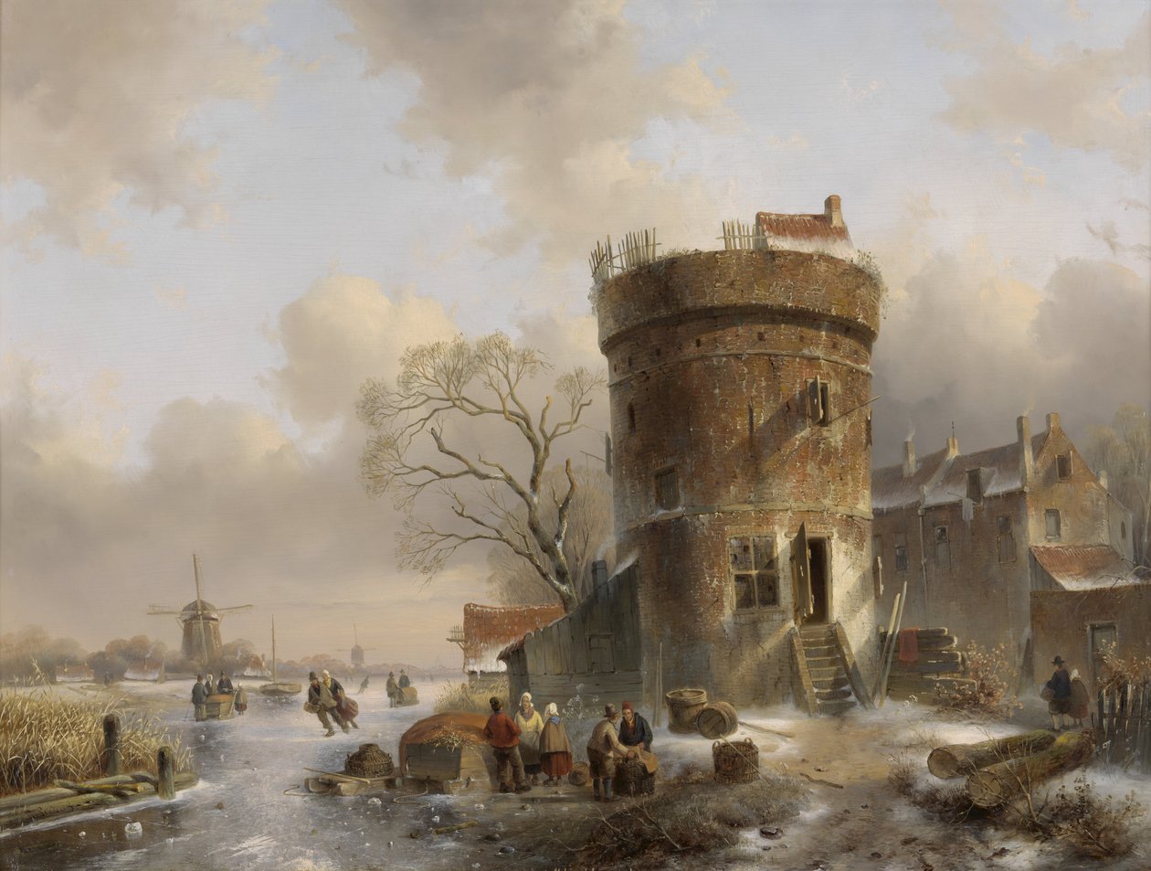 Téli táj, figurák egy befagyott folyón egy torony mellett alkotó: Charles Henri Joseph Leickert