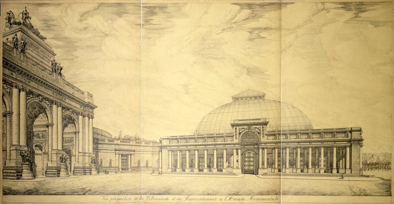A Diadalív és a Palais du Cinquantenaire egyik félkör alakú oszlopos szárnya, Brüsszel, 1906 alkotó: Charles Louis Girault