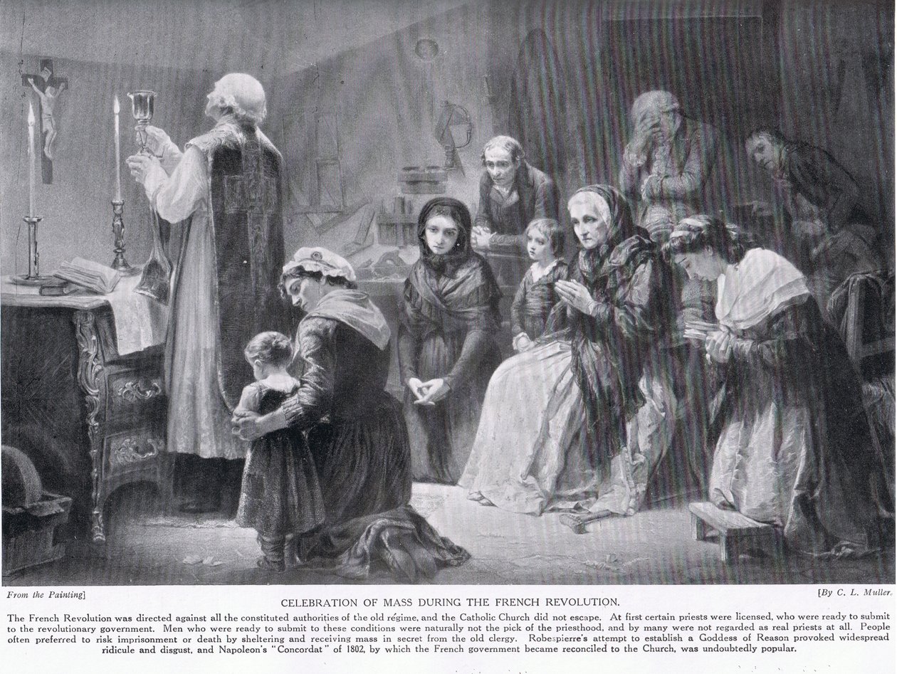A francia forradalom alatti mise ünneplése, illusztráció a Hutchinson-féle nemzetek történetéből, 1915 körül alkotó: Charles Louis Lucien Muller