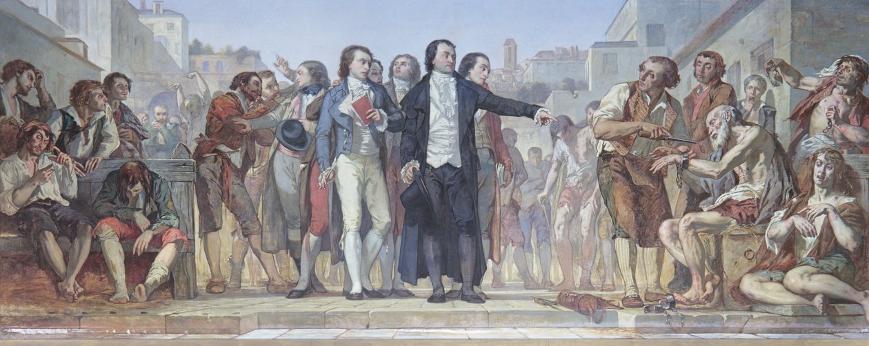 Philippe Pinel (1745-1826) 1793-ban, a párizsi Bicetre menedékházban szabadította ki az őrülteket a láncaikból, 1840-50 körül (részletekért lásd: 163911) alkotó: Charles Louis Lucien Muller
