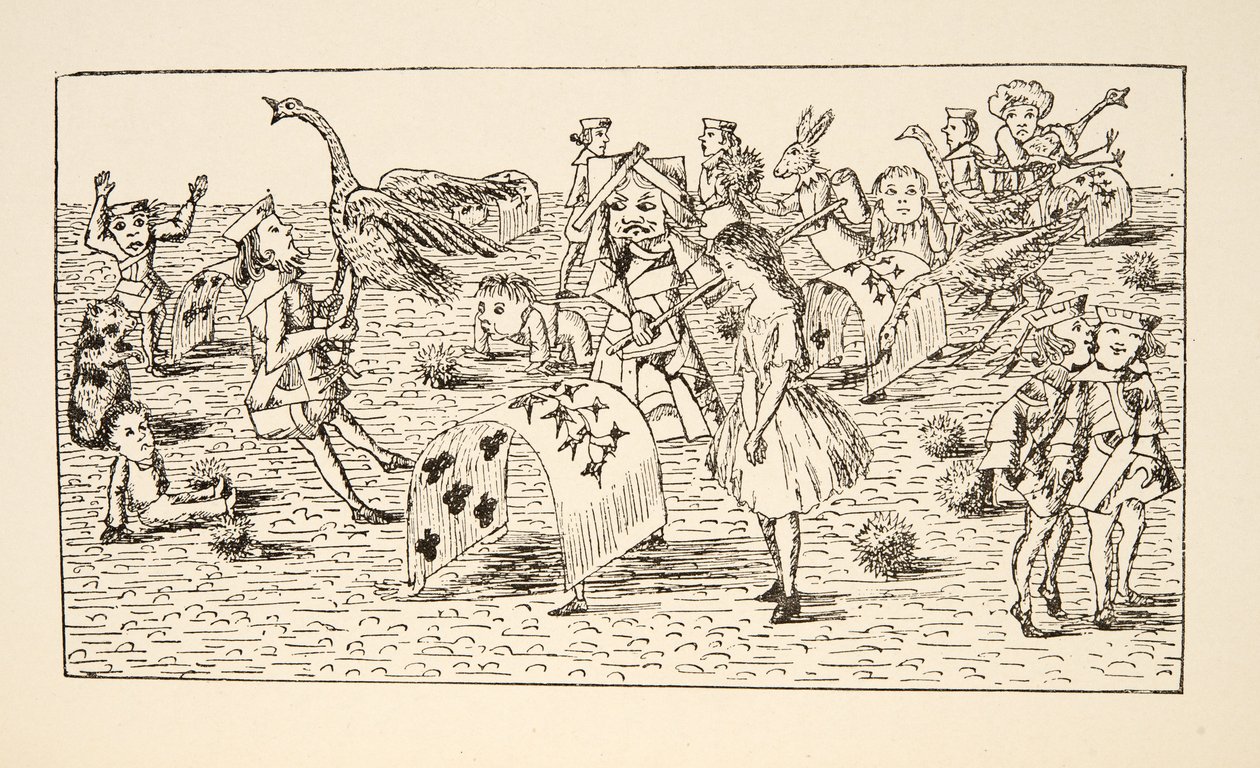 Alice és a Vörös Királynő krokettet játszik, illusztráció az Alices Adventures Under Ground című könyvből, pub. 1886 (fakszimile) alkotó: Charles Lutwidge Dodgson