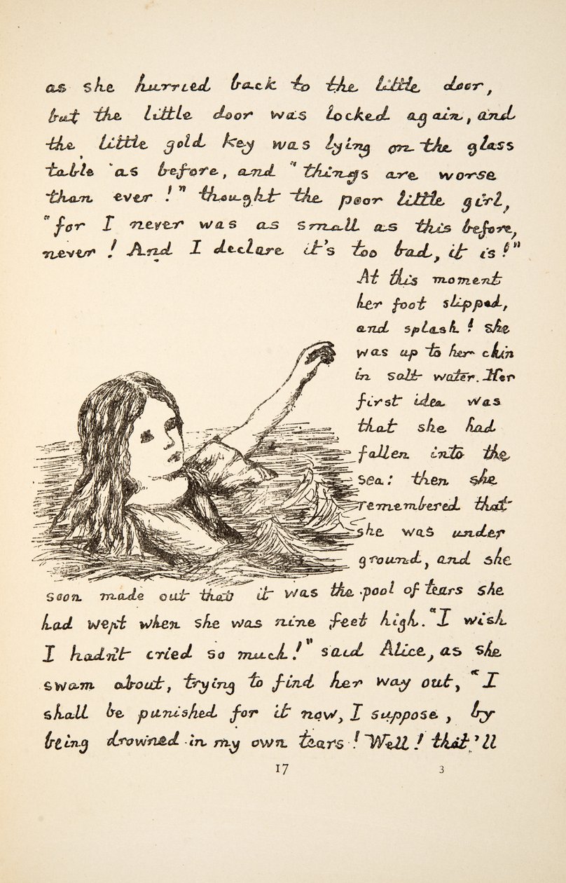 Alice beleesik a könnyek tavacskájába, illusztráció az Alices Adventures Under Groundból, pub. 1886 (fakszimile) alkotó: Charles Lutwidge Dodgson