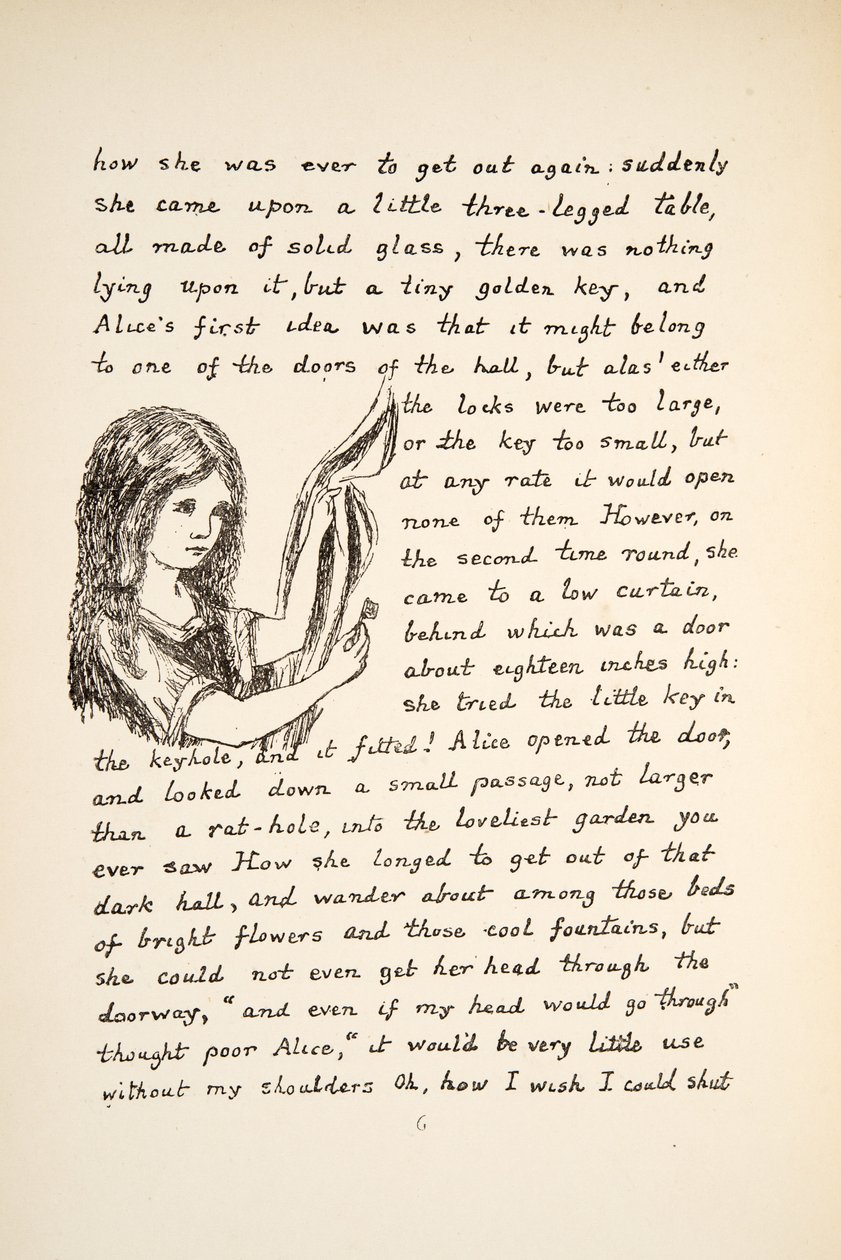 Alice megtalálja az aranykulcsot, illusztráció az Alices Adventures Under Groundból, pub. 1886 (fakszimile) alkotó: Charles Lutwidge Dodgson