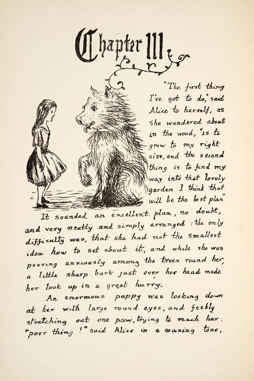 Alice találkozik a kiskutyával, illusztráció az Alices Adventures Under Groundból, pub. 1886 (fakszimile) alkotó: Charles Lutwidge Dodgson
