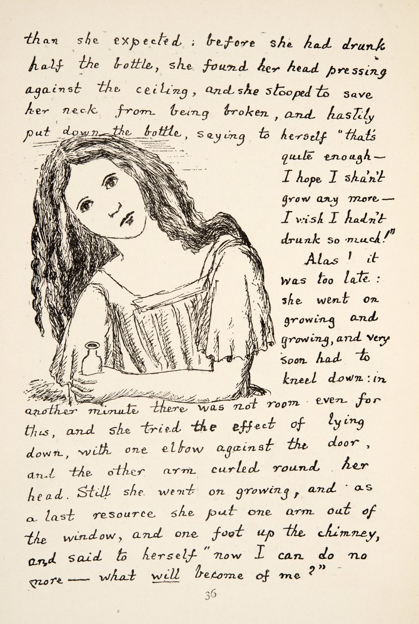 Alice elkezd nőni, miután ivott a kis üvegből, illusztráció az Alices Adventures Under Ground, pub. 1886 (fakszimile) alkotó: Charles Lutwidge Dodgson