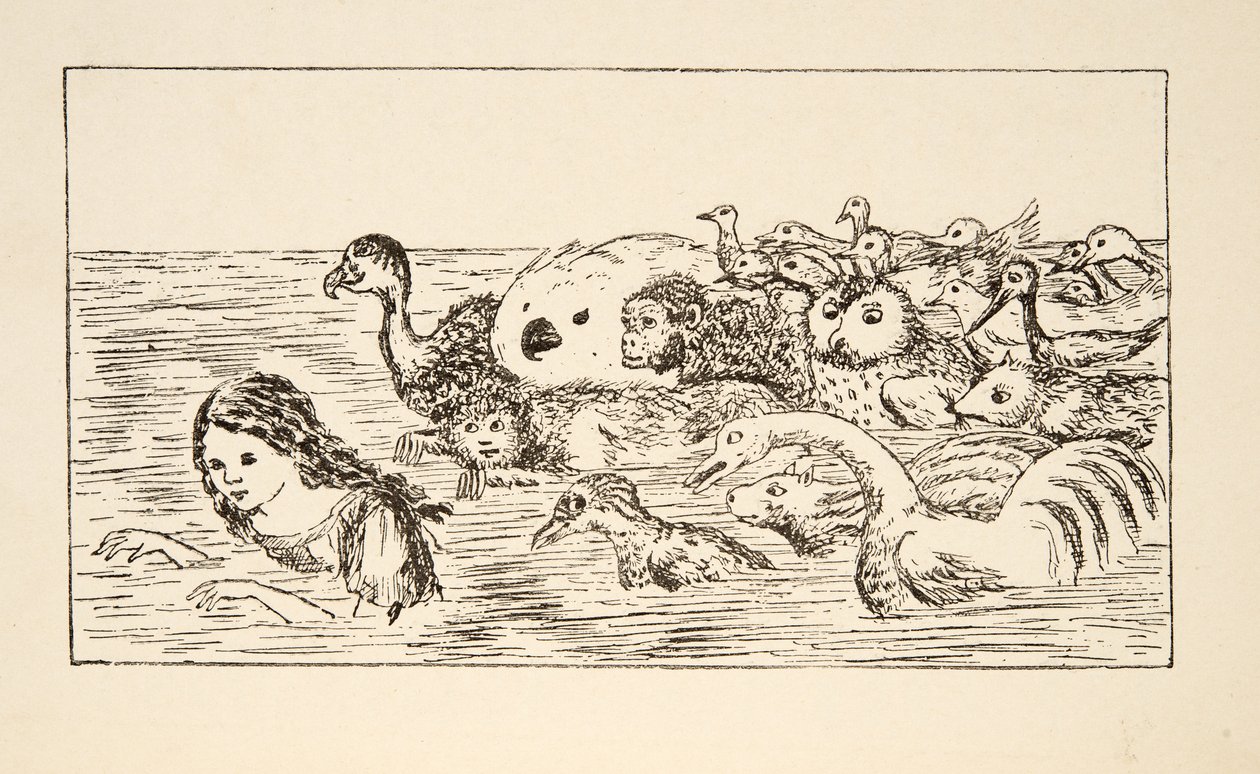 Alice úszik a könnyek medencéjében, illusztráció az Alices Adventures Under Groundból, pub. 1886 (fakszimile) alkotó: Charles Lutwidge Dodgson