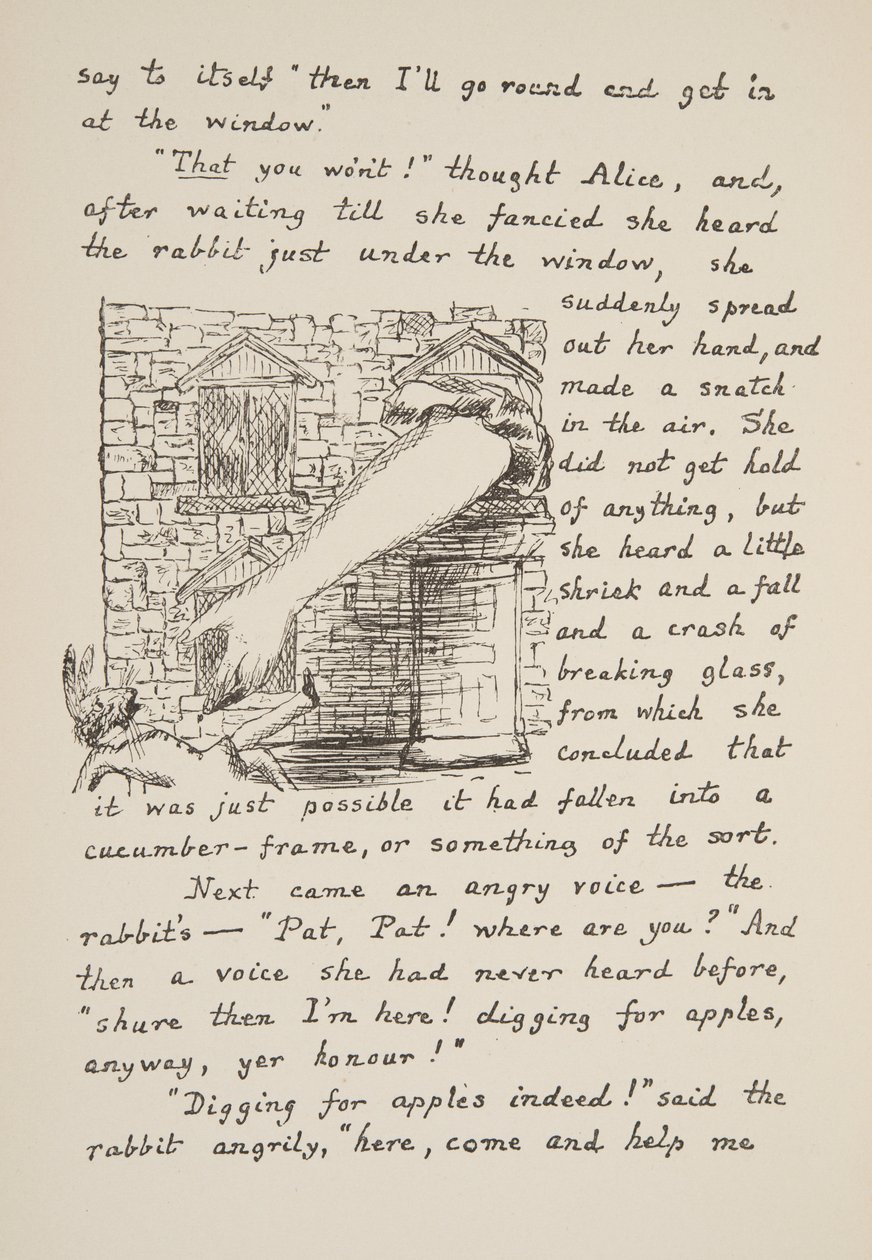 Alice megpróbálja elkapni a fehér nyulat, illusztráció az Alices Adventures Under Groundból, pub. 1886 (fakszimile) alkotó: Charles Lutwidge Dodgson