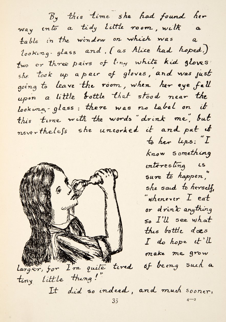 Alice kibontja a kis üveget, illusztráció az Alices Adventures Under Ground című könyvből, pub. 1886 (fakszimile) alkotó: Charles Lutwidge Dodgson