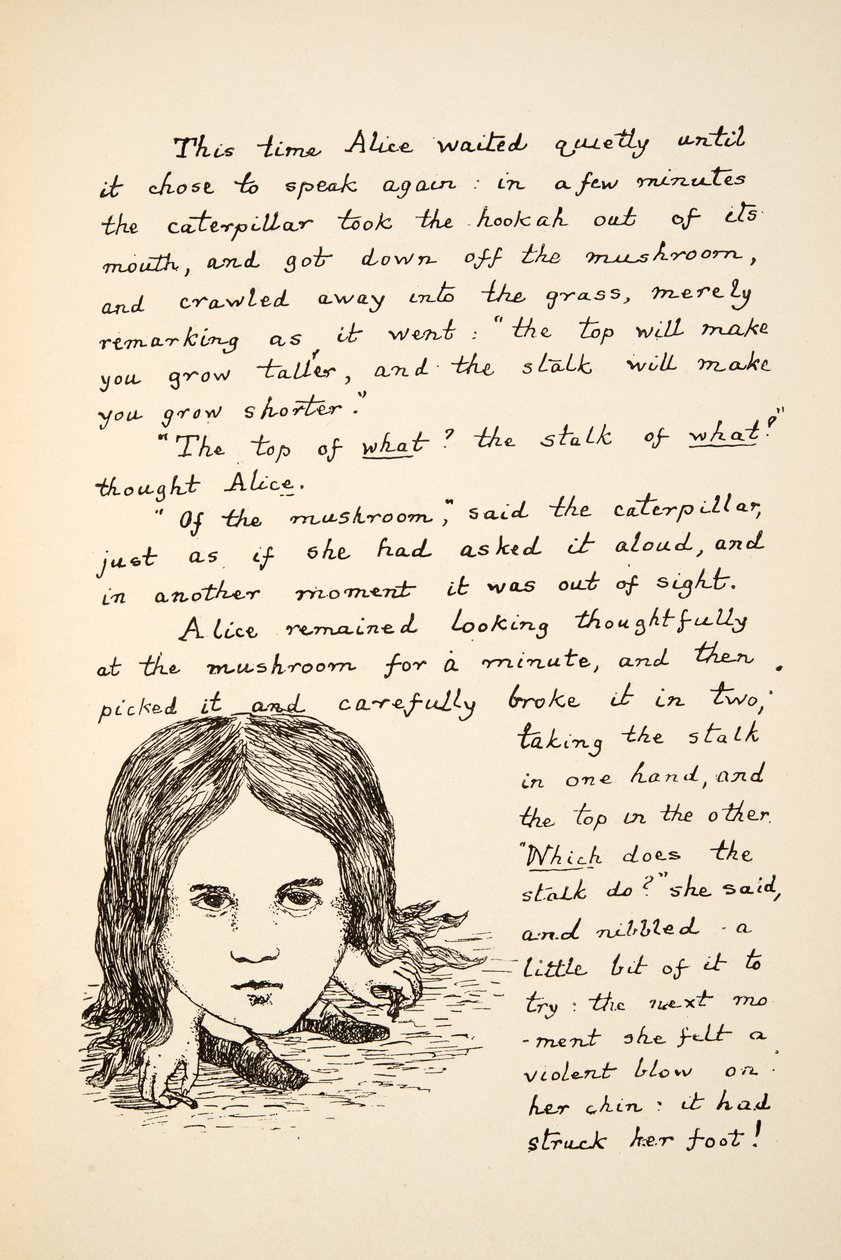 Alices álla a lábához csapódik, miután megette a gombát, illusztráció az Alices kalandjai a föld alatt című könyvből, pub. 1886 (fakszimile) alkotó: Charles Lutwidge Dodgson